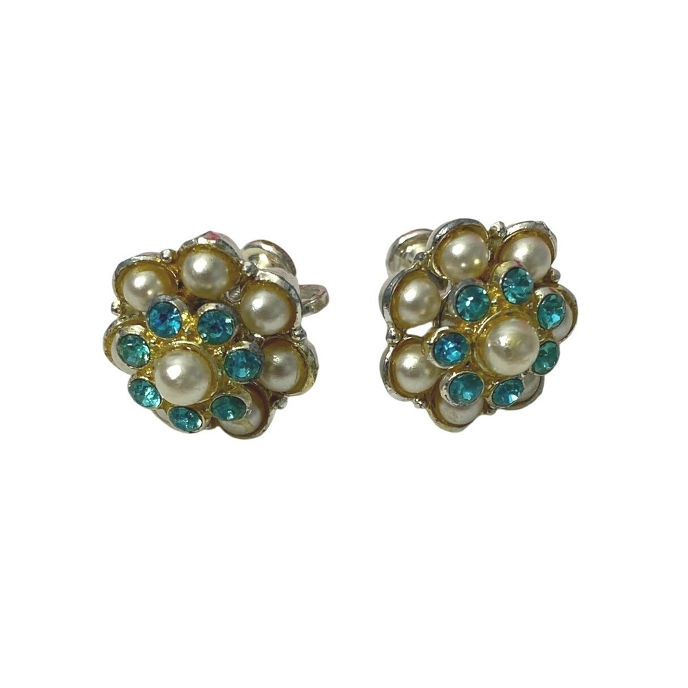 Vintage Womens Screwback Earrings Floral Pearl Turquoise Rhinestone Jewelry